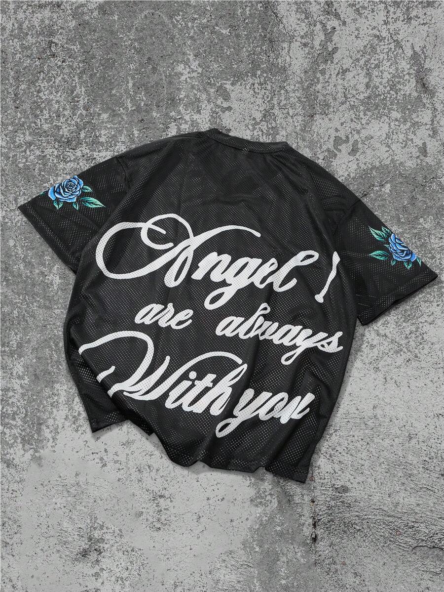 Manfinity EMRG Men's Loose Fit Angel Graphic Print Black Short Sleeve Mesh T-Shirt,Boyfriend Gift, Graphic Tops Men, Cartoon Shirt, Oversized T Shirt Graphic, Graphic Tees Men