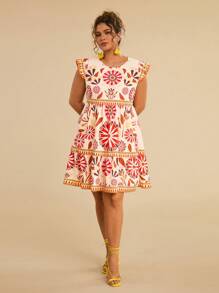 Travachic فستان كاجوال بأكمام قصيرة وياقة طاقم مع طباعة زهرية للنساء البدينات - وردي - مشاهدة 5