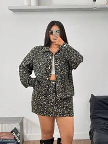 SHEIN EZwear Große Größen Sommer Lässig Leopard Muster Denim Rock kurz