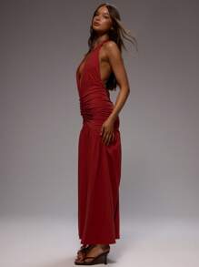 MUSERA Vestido largo elegante de cuello en V con escote profundo, cintura fruncida, abertura en la pierna, ideal para primavera, verano, bodas, graduaciones y eventos formales - Rojo - Ver 2
