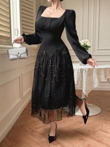 DAZY 春季婚礼宾客优雅方领泡泡袖拼接中长连衣裙，秋季长袖连衣裙，奢华亮片舞会礼服 - 黑色 - 查看 7