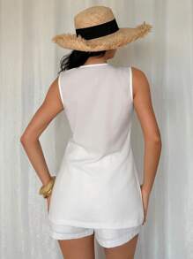 Chiquease 2pcs/Set Women Solid White Vest And Shorts Sets, Casual - White - View 2