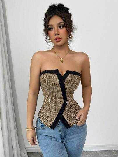 Elenzga Top sin tirantes con espalda fruncida de color block elegante para uso diario, de verano