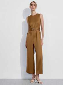 Lumivelle Women's Elegant Summer Camel Sleeveless High Waist Wide Leg Jumpsuit,Office Slim Fit One-Piece Outfit,Lightweight Waist Cinching Metal Decor Design - Mustard Yellow - View 6