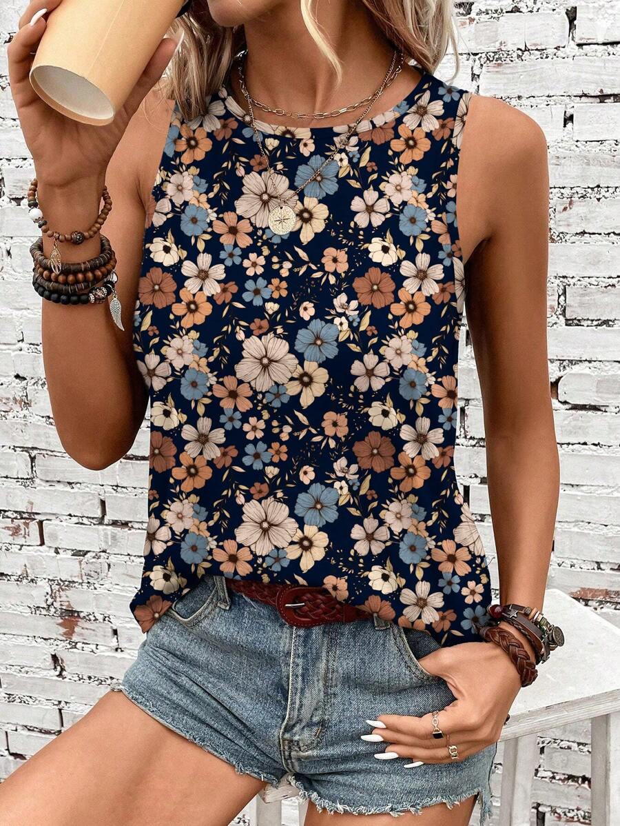 SHEIN LUNE 女式休闲复古花卉图案无袖上衣，适合夏季