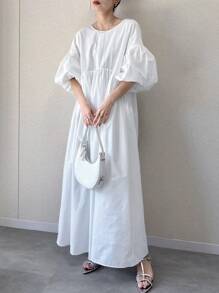 FRIFUL Vestido largo holgado de unicolor con escote en V en el frente y la espalda, mangas farol, y detalle de volantes en el escote, en estilo de vacaciones, para primavera/verano