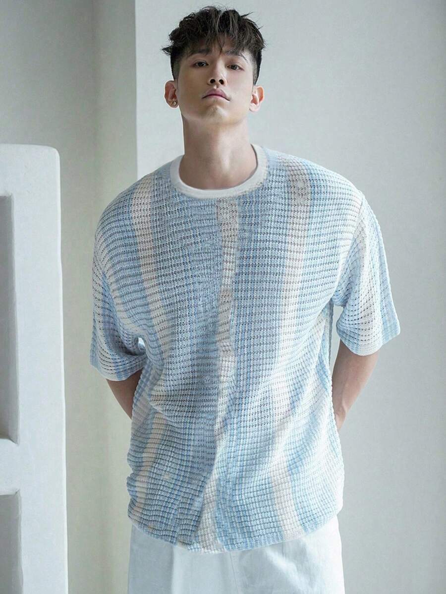 DAZY Men's Contrast Color Crew Neck Short Sleeve Knit Top, Summer Vacation - Blue - View 1