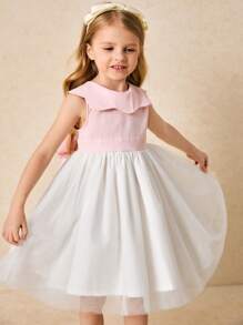 SHEIN Leap Crew Young Girls Elegant Pink Ruffle Collar & Mesh Bow Decor Party Dress, Spring/Summer - Pink - View 2