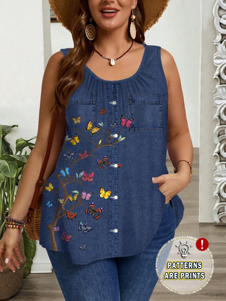 EMERY ROSE Plus Size Casual Butterfly Pattern Print Loose Pleated Wide Strap Camisole And Tank Top, Suitable For Spring/Summer - Multicolor - View 1