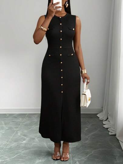 Slaydiva 新款春夏休闲优雅圆领无袖包边饰金属扣鱼尾裙开襟包臀裙黑色纹理针织面料女长裙-B