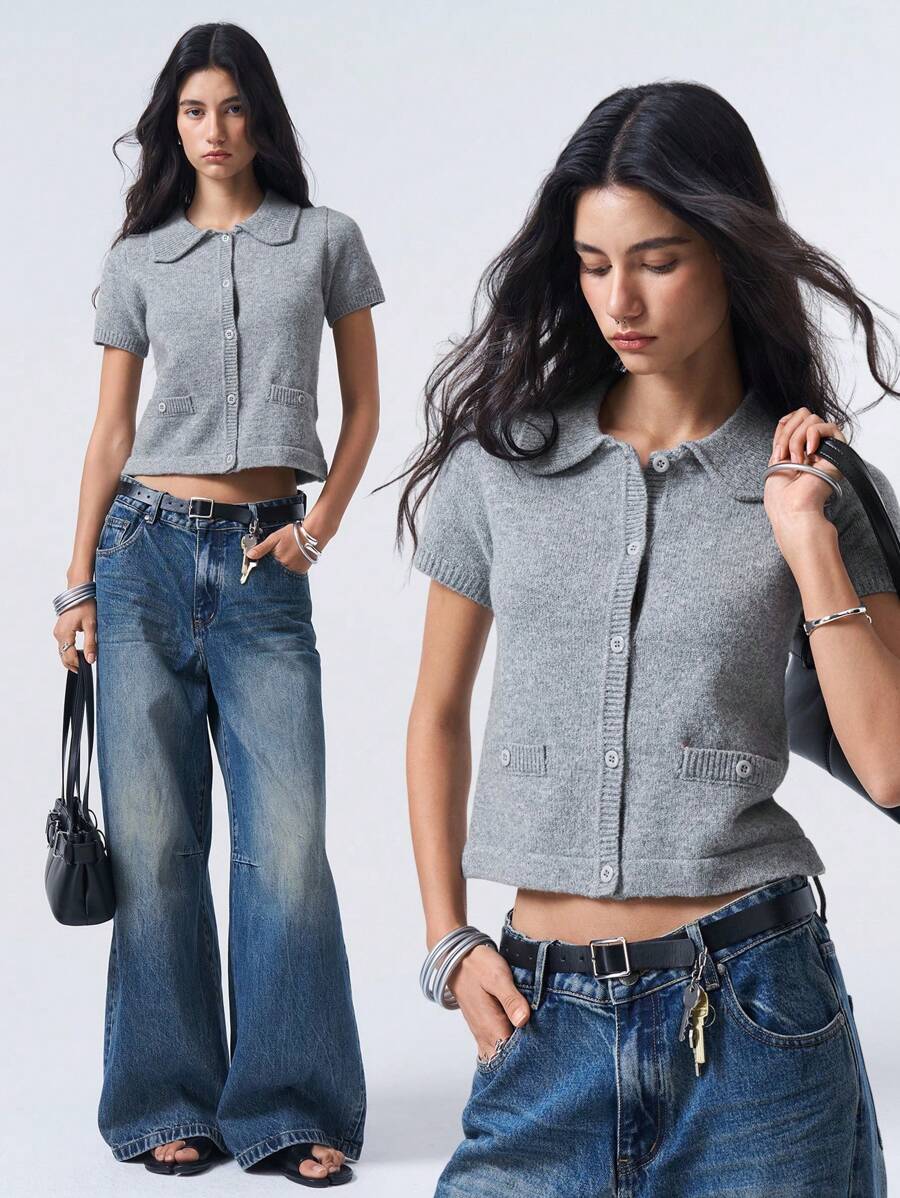 LYSMO 2025春夏新品Polo领短袖针织T恤 - 淺灰色 - 查看 1