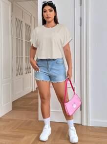 SHEIN EZwear Plus Size Gładka koszulka z krótkim rękawem i okrągłym dekoltem, modna na lato - Kolor khaki - Zobacz 4