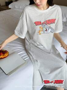 TOM AND JERRY X DAZY Bộ đồ ngủ Pijama rộng rãi in họa tiết hoạt hình cỡ lớn dễ thương, Moo Moo - Màu Xám nhạt - Xem 7