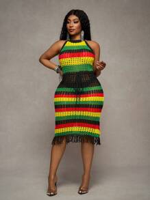 Slaydiva Plus Size Women Contrast Color Hollow Out Tassel Hemline Sexy Halter Knit Dress Winter Fall Autumn - Multicolor - View 4