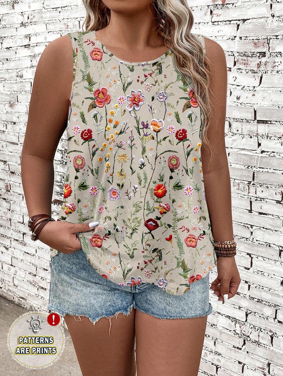 EMERY ROSE Plus Size Floral Pattern Flower Print Casual Vintage Style Tank Top, Suitable For Summer, Vacation, Spring - Multicolor - View 1