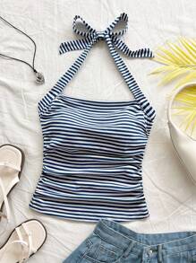 Soleia Nuevo estilo de atuendo de verano con moño, tiras y tejido de punto para la playa, festival de música western, estilo bohemio vintage, top de tirantes de canesú plisado a rayas