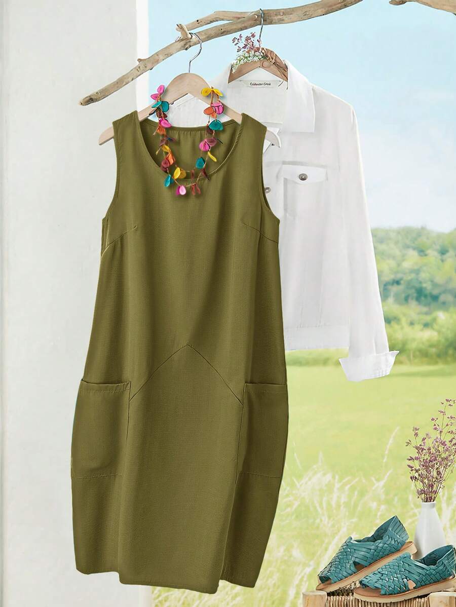 EMERY ROSE Plus Size Sleeveless Solid Color Casual Vacation Dress - Army Green - View 1