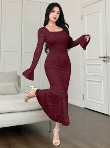 Modelyn Đầm suông đuôi cá tay loe phối ren chắp vá thanh lịch gợi cảm cho nữ - Màu Đỏ Sâu - Xem 5
