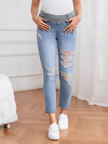 SHEIN Maternity Elastic Washed Distressed Skinny Jeans  Summer Outfits For Women Festival Outfits - Medium Wash - View 6