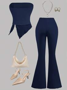 SHEIN Girlism 2 件套青少年女孩褶皱抹胸上衣和喇叭裤 - 藏蓝色 - 查看 2