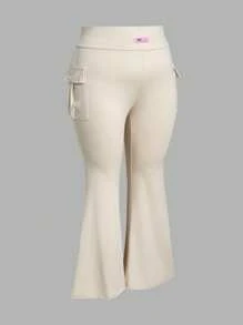 Comfortcana Plus Size Women's Solid Color Crisscross Pocket Elastic Flare Pants - Apricot - View 4