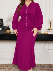 Modelyn Vestido de punto de sirena largo con cuentas en talla grande, elegante y entallado