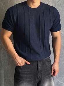 DAZY Men's Solid Navy Blue Textured Ribbed Knit Sweater, Summer - Navy Blue - View 6