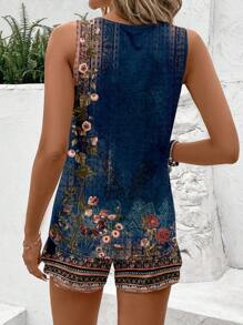 SHEIN LUNE 2 Pieces Set: Casual Vintage Floral Print Ladies Sleeveless Round Neck Tank Top And Short Sleeve, Suitable For Summer,Summer Sets