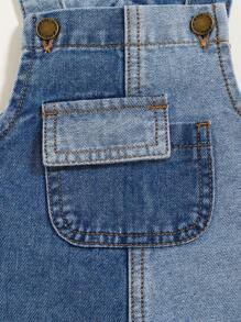 SHEIN 男婴休闲复古水洗撞色翻盖口袋工装裤牛仔连体衣，男婴春夏装 - 藍色 - 查看 5