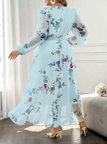 Celure Plus Size Elegant Rose Print Chiffon Waist Pleated Lantern Sleeve Dress, Suitable For Spring And Autumn,Valentine - Blue - View 2