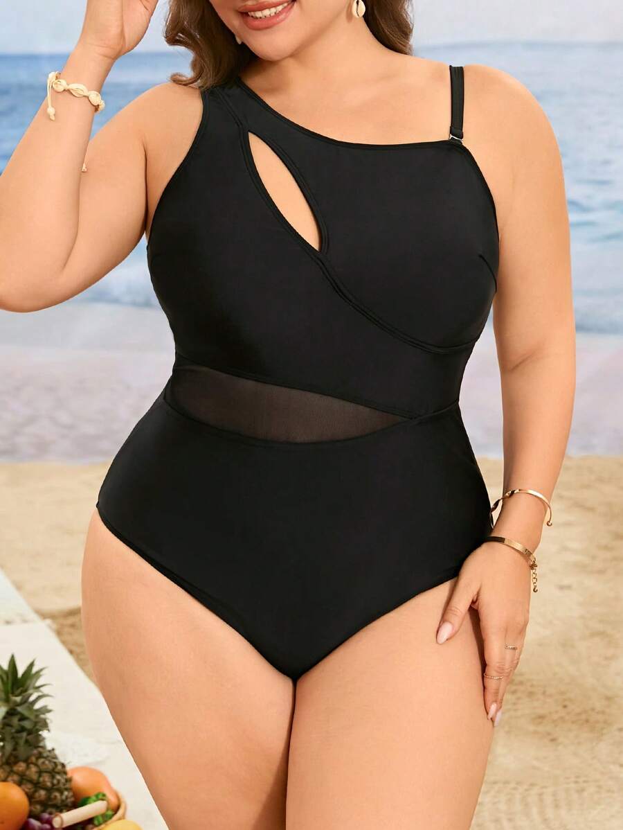 Swim Lushoire Plus Size Women Solid Color Fashion Beach Pool Sexy One-Piece Swimsuit For Summer Beach Vacation - Black - View 1