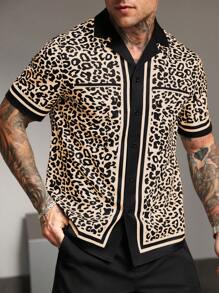 Manfinity RSRT Men's Casual Leopard Print Contrast Trim Front Button Short Sleeve Shirt, Summer - Multicolor - View 6