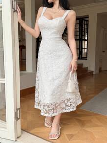 DAZY 女式长款蕾丝方领无袖吊带裙，荷叶边 - 米色 - 查看 7