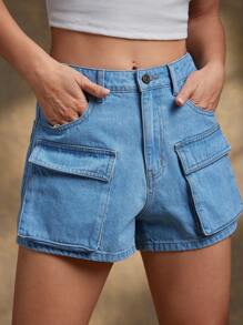 WESTFADE High Rise Utility Cargo Pocket Fitted Denim Jean Western Shorts Spring Summer Vacation - Light Wash - View 3