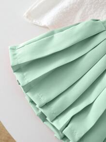 SHEIN 2件套女婴优雅学院风盖袖翻领纹理花卉无袖上衣和蝴蝶结百褶裙套装，粉色 - 彩色 - 查看 4