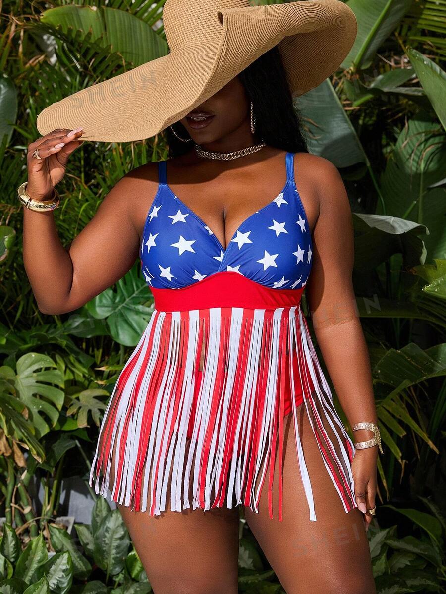 Slaydiva Vestido de baño con decoración de flecos con bandera estadounidense de los Estados Unidos para 4 de julio, talla grande - Multicolor - Ver 1