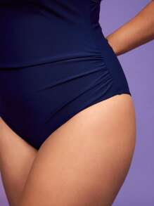SHEIN Swim Curve Đồ bơi một mảnh hở lưng có dây rút cỡ lớn cho nữ - Màu xanh hải quân - Xem 4