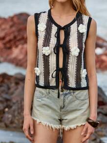 Lumivelle Women's Casual Round Neck Striped Hollow Out Tie-Up Sleeveless T-Shirt, 3D Floral Decor, Y2K, Daily, Vacation, Personalized, Beach, Streetwear - Black and White - View 6