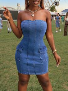 Slaydiva Women's Summer Sexy Flap Pocket Bodycon Denim Bandeau Dress - Blue - View 2