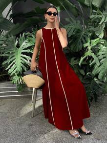 Serisse 女士纯色无袖宽松长裙，撞色拼接超长裙 - 酒紅色 - 查看 5