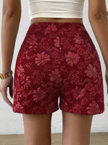Flirla Women's Floral Jacquard Pleated Random Hem Shorts For Vacation - Burgundy - View 2