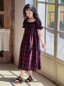 Dazy Kids Tween Girls Plaid Bow Accent Short Puff Sleeve Dress Sleepwear - Red - View 2