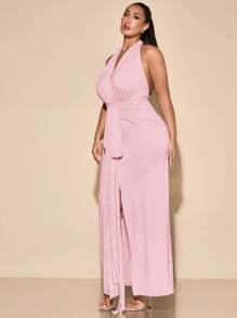 SHEIN BAE 大码女式优雅长款 V 领针织连衣裙，杏色，适合日常穿着、郊游、约会、下午茶、度假、春夏季、大码女式亚麻背心和阔腿短裤 2 件套、女士春季服装、女士夏季服装、节日/音乐会服装女士/狂欢服装节日/狂欢服装/春假服装、毕业礼服、女士沙滩服装/沙滩、大码女式高开衩连衣裙、春夏季 - 珊瑚粉 - 查看 6