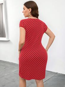 SHEIN Clasi Plus Size Women Black Base White Polka Dot Dress, Elegant Everyday Wear, Spring - Red - View 2