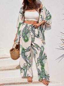 Breezaya 2 pezzi/set Donna Vacanza Stampa floreale di anacardi Kimono con nappe a 3/4 maniche e pantaloni, completo casual