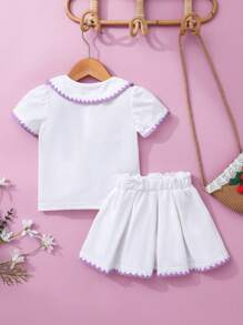 SHEIN Baby Girl Casual Strawberry Embroidery Short Sleeve Top With A-Line Skirt Set, Spring/Summer - White - View 2
