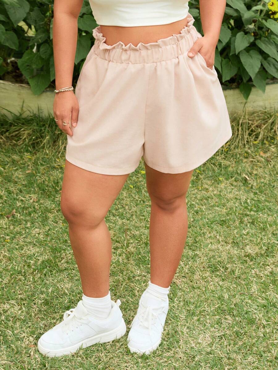 SHEIN EZwear Plus Size Summer Linen Shorts, Fashionable Solid Color, Suitable For Warm Weather - Apricot - View 1