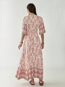 Florisole Summer Women's Vacation Bohemian Floral Print V-Neck Cinched Waist Dress - Pink - View 5