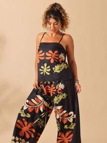 Breezaya 2 pezzi/set, Taglia oversize, Pigiama stampato con motivi tropicali, Canotta e pantaloni, Adatto per spiaggia e vacanze, Nuovo arrivo per l'estate