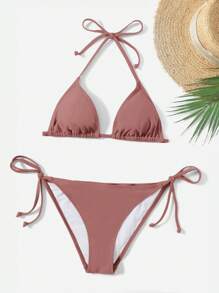 Swim Basics Solid Color Bikini Swimsuit, Vacation Beach Wear For Summer - Coffee Brown - View 5